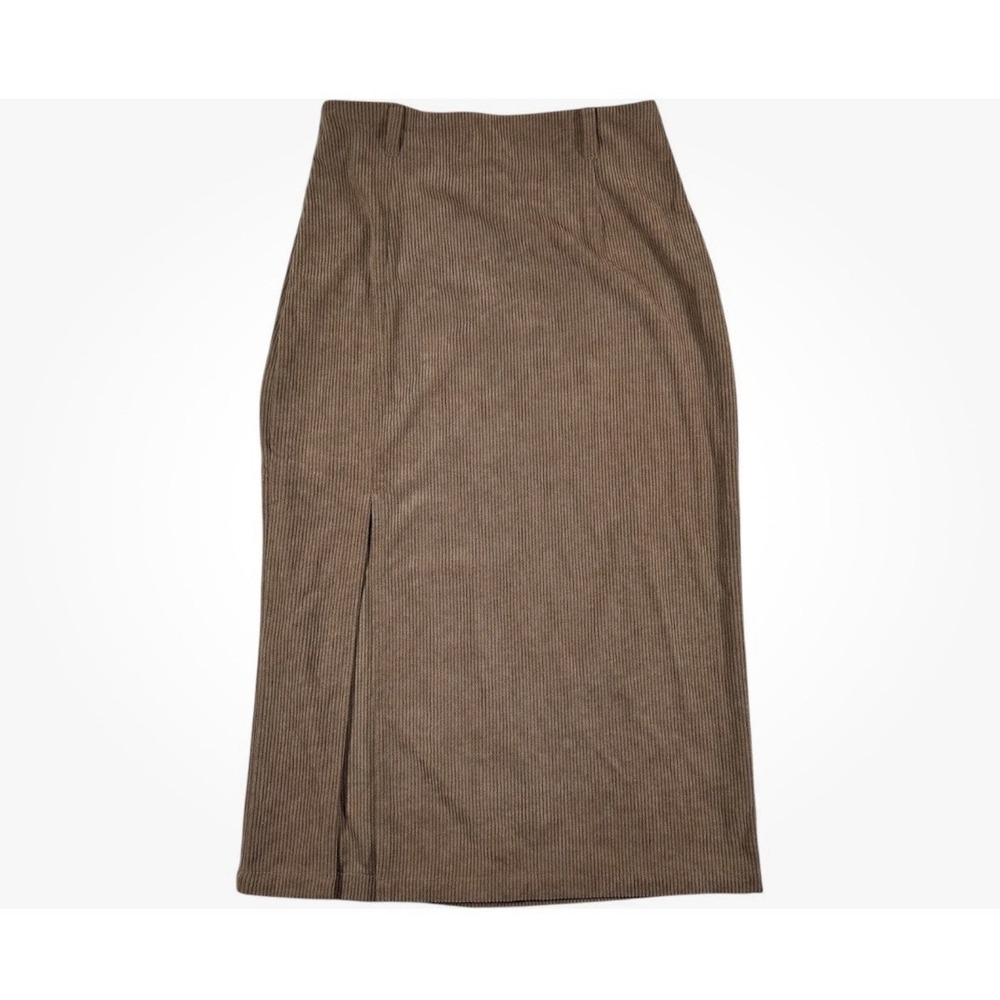 Halara Corduroy Side Slit Midi Skirt S Brown Ribbed High Waist Boho Minimal NWT - Picture 3 of 11